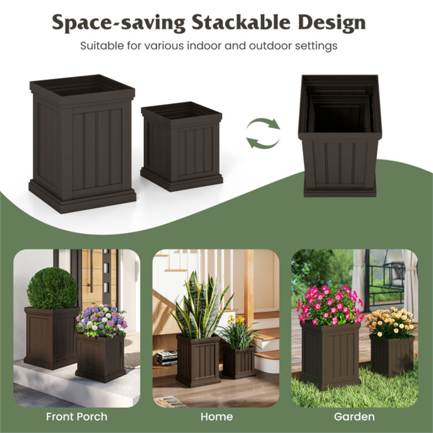 Set of 2 Stackable PP Planters with Efficient Drainage Holes, Weather-Resistant Flower Pots for Indoor Outdoor Use