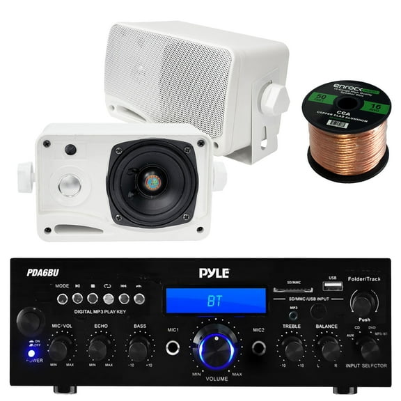 Pyle PDA6BU USB/SD-Card 200-Watt Bluetooth Stereo Amplifier Receiver, 2x Pyle 3.5'' 200 Watt 3-Way Weather Proof Mini Box Speaker System (White), Enrock Audio 16-Gauge 50 Foot Speaker Wire