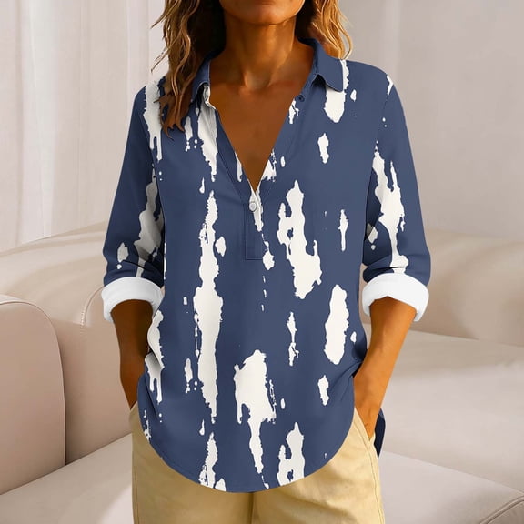 YueHuiYing Women's Casual Fashion Loose Cute Print Linen T-Shirt Long Sleeve Notched Collar Button-Up Business Top