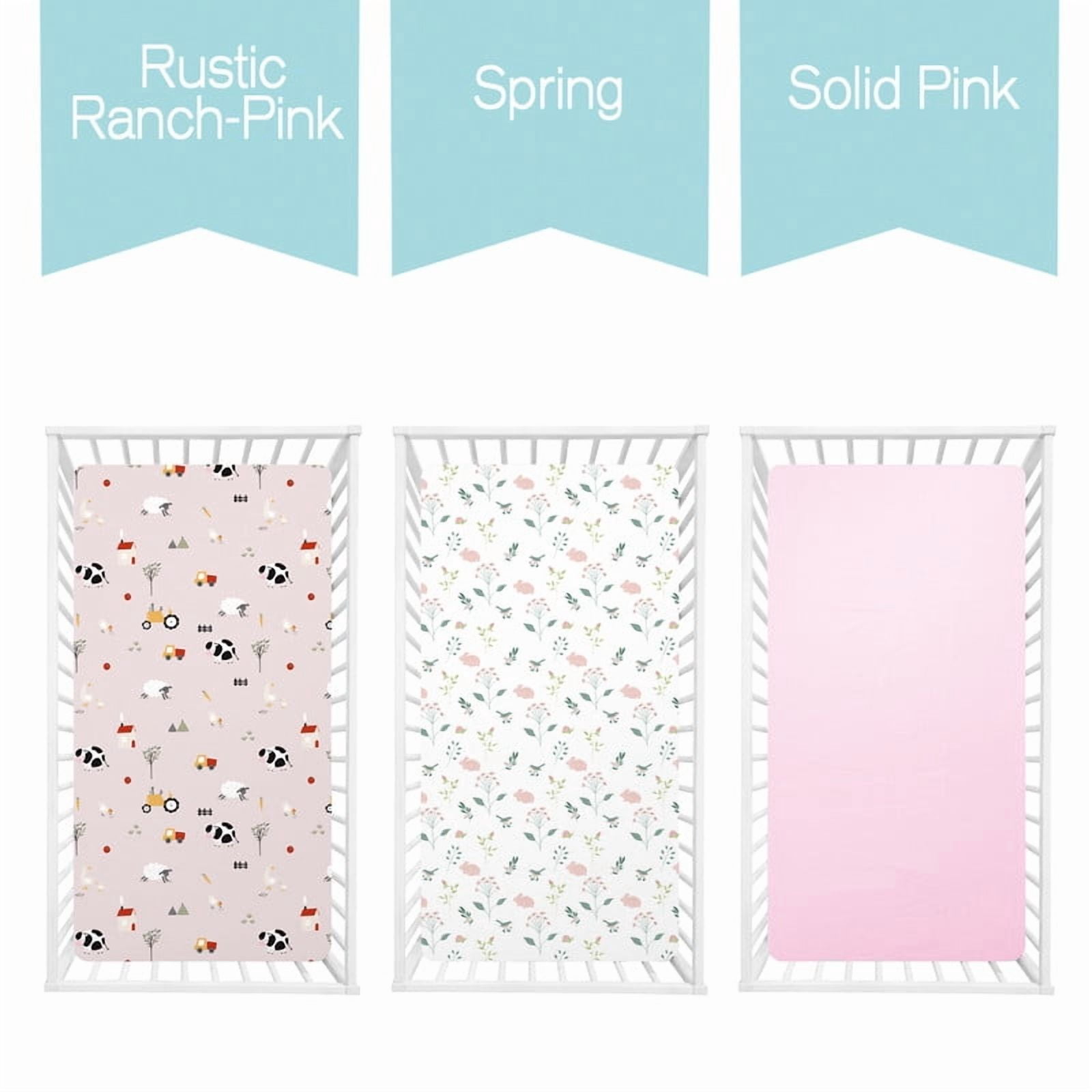 Little Grape Land Crib Sheets for Baby Girls Boys 3 Pack, 28"x 52" Extra Soft Microfiber Crib Sheet Set for Standard Crib & Toddler Mattress Pad, Rustic Ranch-Pink & Spring & Pink