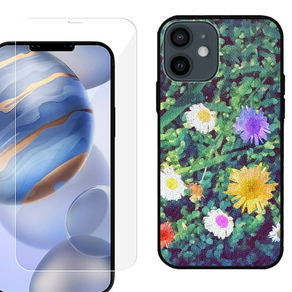 Slim-Fit Protective Phone Case (Black) compatible with iPhone 12 / iPhone 12 Pro, with Tempered Glass Screen Protector, by OneToughShield ® - Daisy Paint