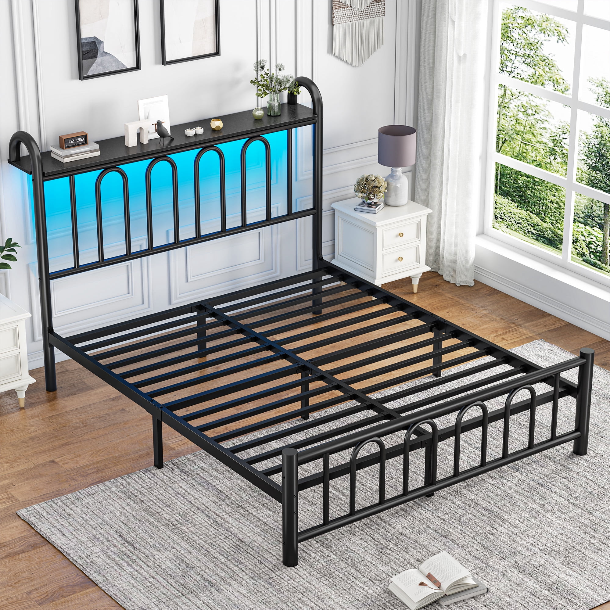EnHomee Queen Size Metal Platform Bed Frame with Headboard Metal Bed Frame with LED Lights Queen Bed Frame with Underbed Storage,Black