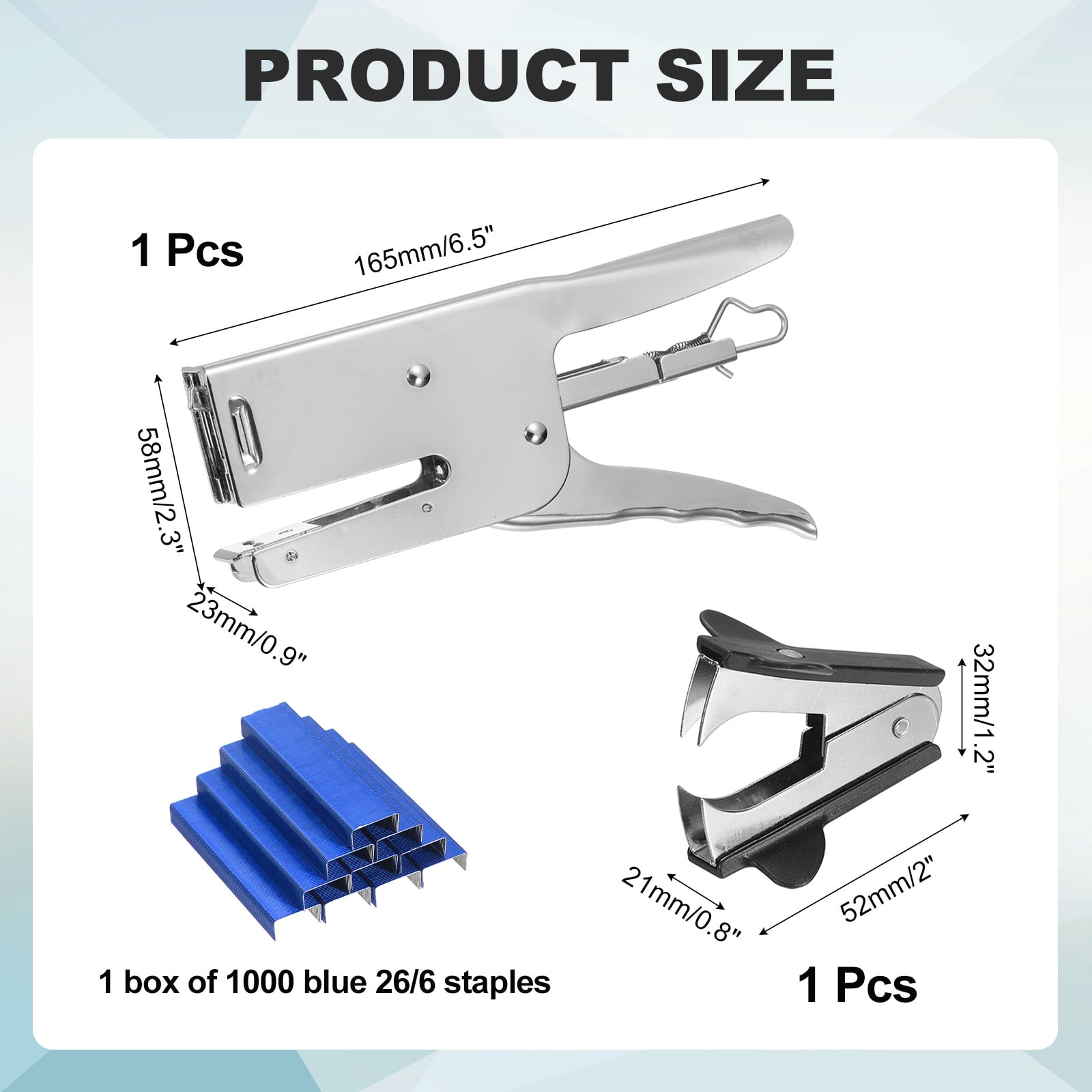 Desktop Stapler Heavy Duty, 1 Set Handheld Plier Stapler No Jam with Staples Remover and 1000 Blue 26/6 Staples Set for Office Supplies Workplace Paperwork Cardboard, Silver
