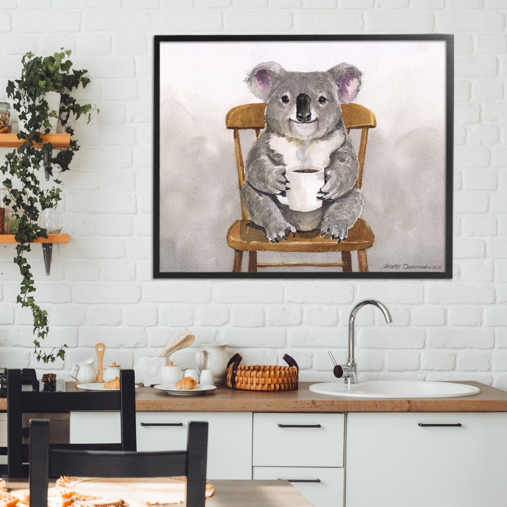 Stupell Industries Koala with Coffee Mug Black Framed Giclee Art, design by George Dyachenko