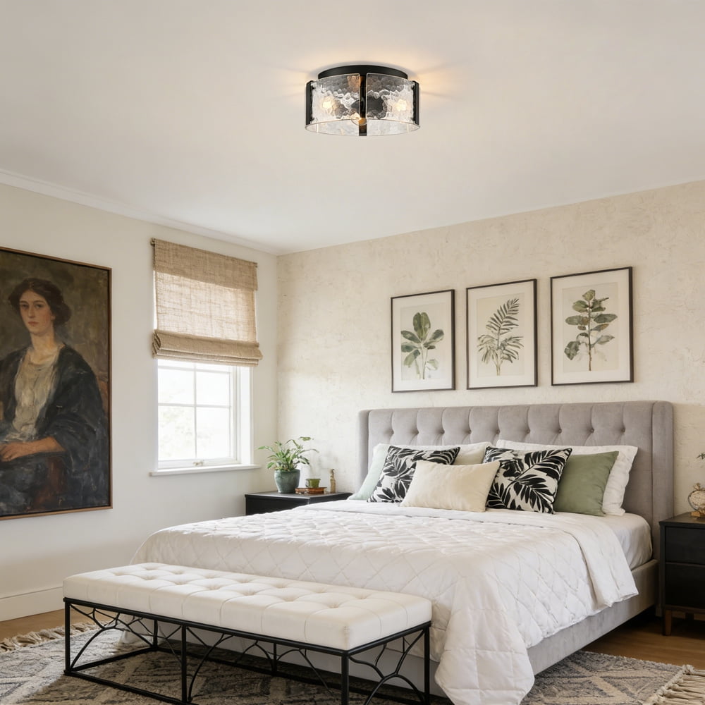 Farmhouse Ceiling Light Fixture 3-Light Black Ceiling Light with Textured Glass Drum Shade