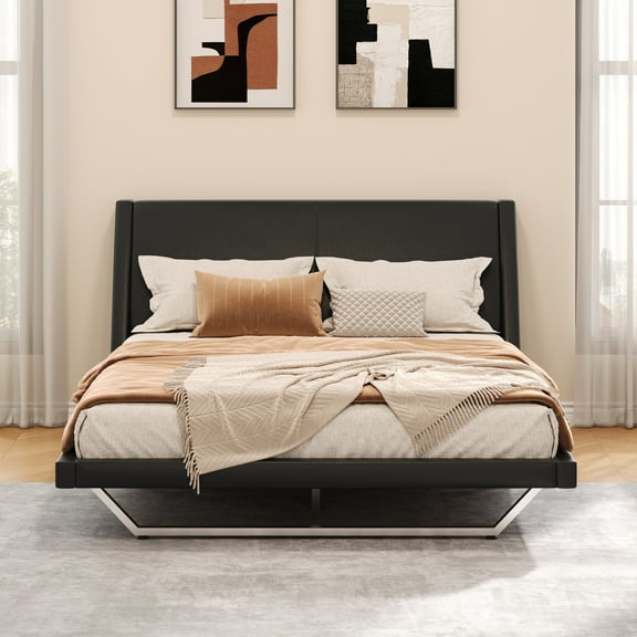 Christopher Knight Home Queen Size PU Leather Platform Bed Frame with Headboard, Curved Design, Trapezoidal Leg, Black