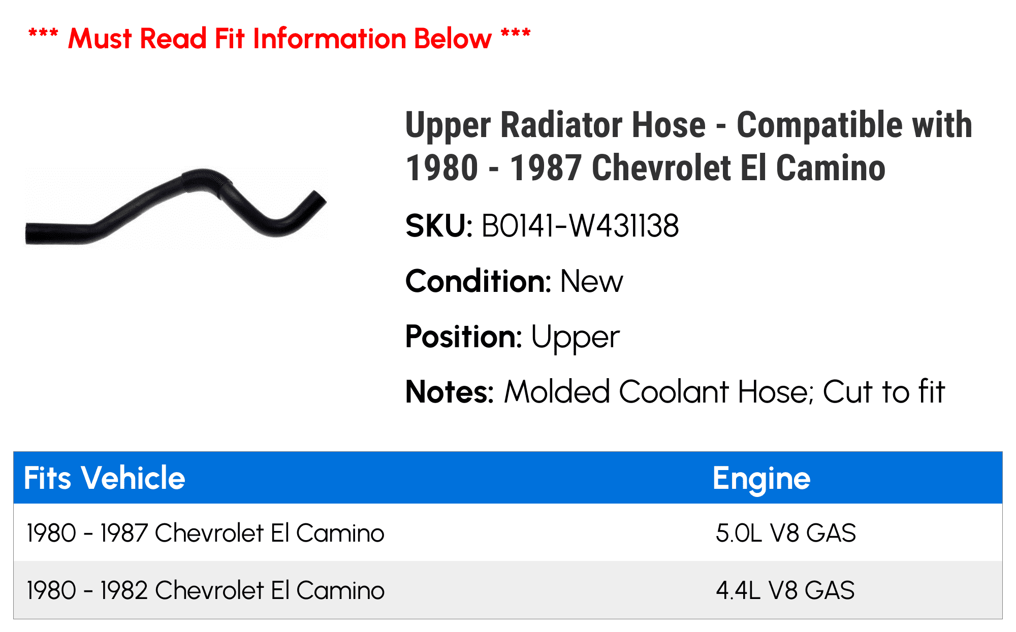 Upper Radiator Hose - Compatible with 1980 - 1987 Chevrolet El Camino - Gates