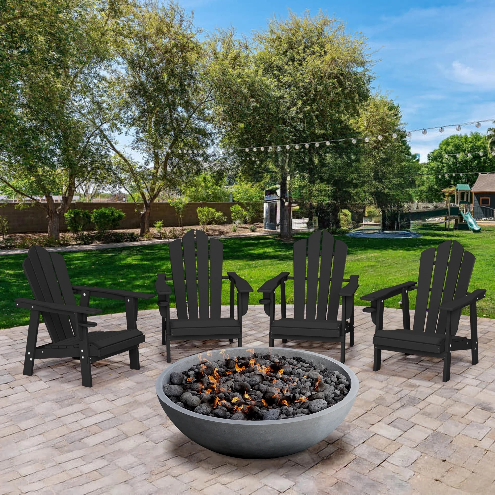 Tappio HDPE Adirondack Chair, Patio Seat All Weather Outdoor Patio Chair with Cup Holder for Lawn Yard Fire Pit, Black