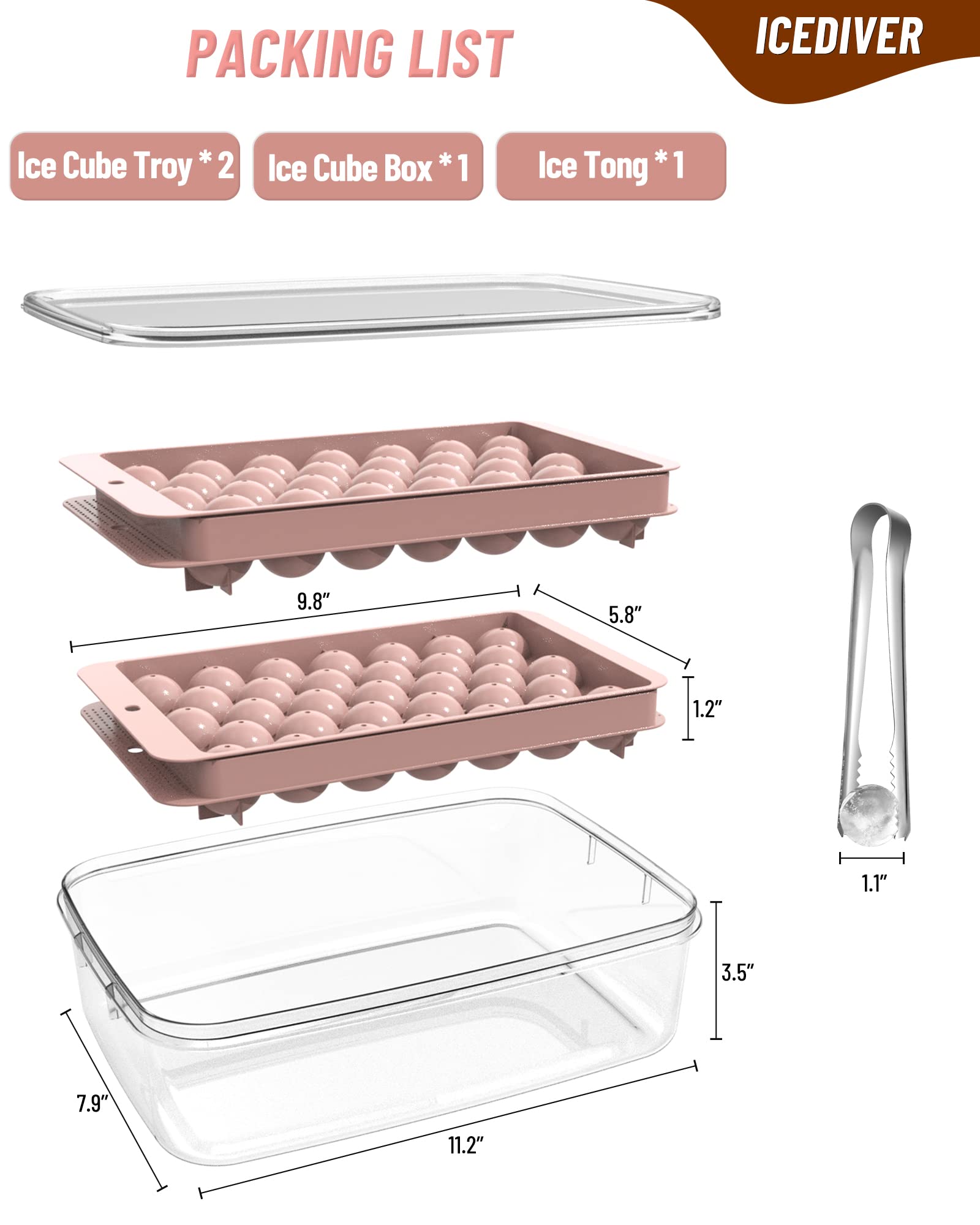 ICEDIVER Ice Cube Tray, Circle Ball Ice Trays for Freezer with Lid & Bin,  Sphere Ice Cube Mold Making 66 x 1.0IN Small Round Ice Cubes(Updated Blue Ice  Trays, 1 Ice Bucket