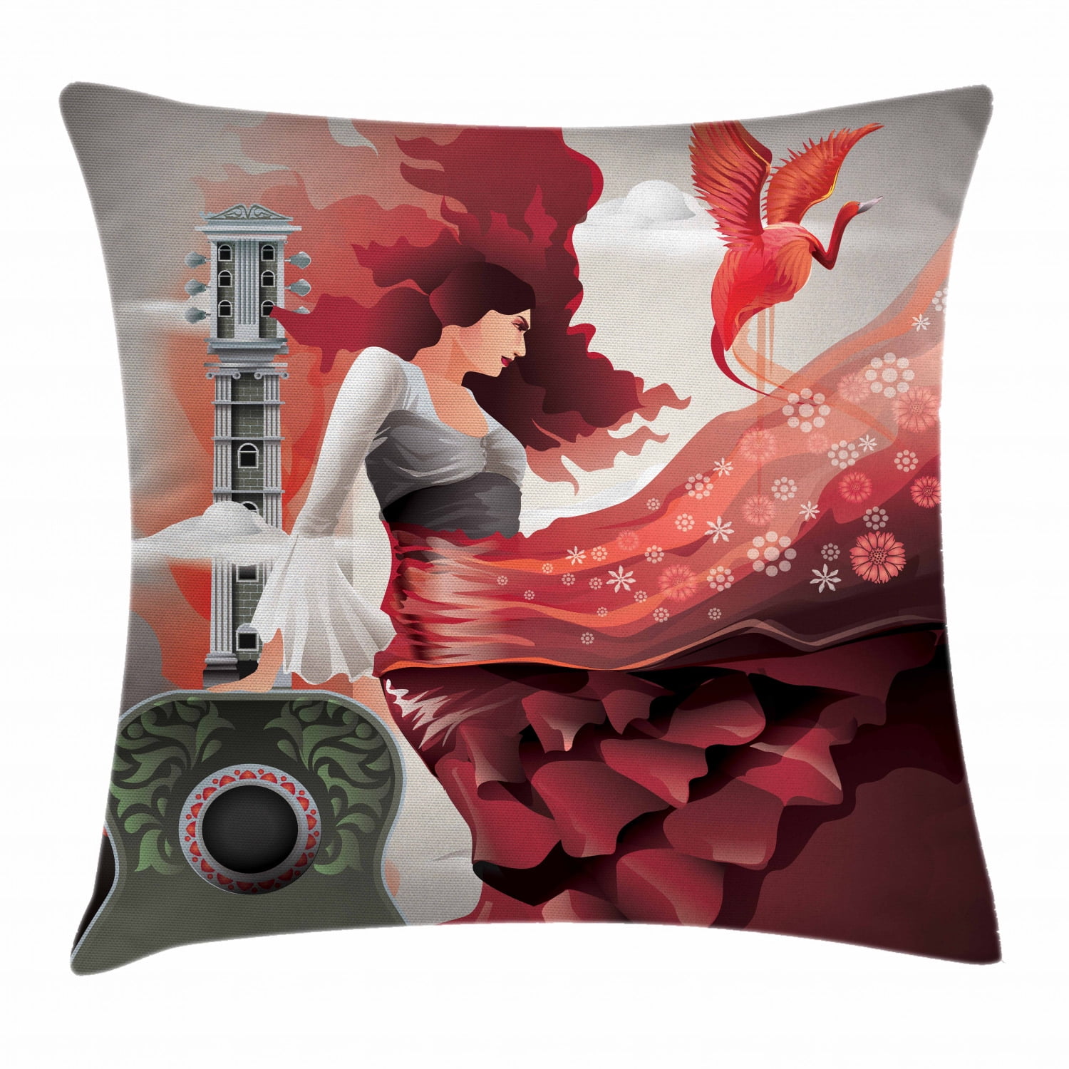 Spanish Throw Pillow Cushion Cover, Spain Culture Theme with Flamenco