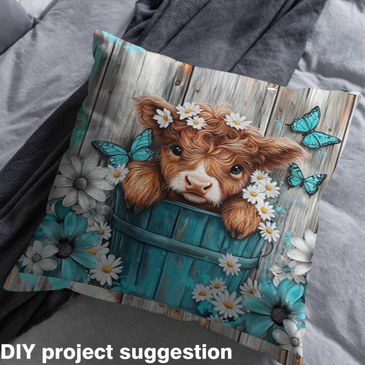 Homewish Cute Highland Cow Fabric by the Yard 2 Yard,Blue Butterlirs Cute Flower Room Decor Fabric by the Yard,Rustic Farmhouse Cabin Fabric for Sewing For Girls,Breathable Home Decor