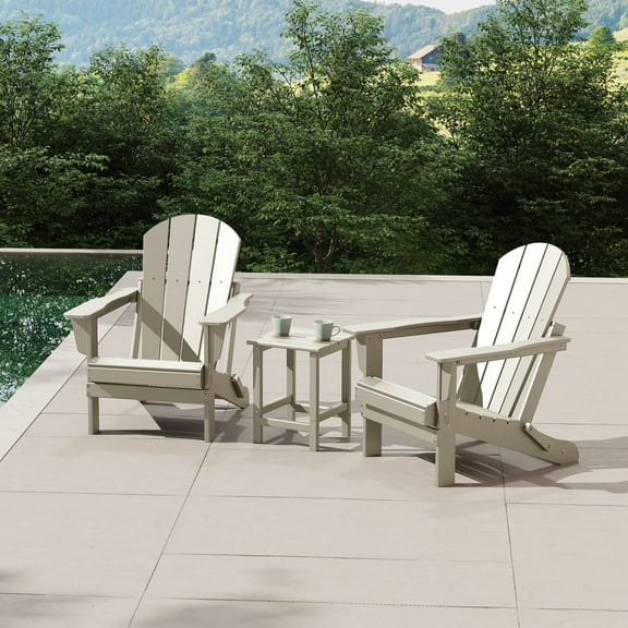 WestinTrends Malibu 3-Pieces Adirondack Chairs Set with Side Table, All Weather Outdoor Seating Plastic Patio Lawn Chair Folding for Outside Porch Deck Backyard, Sand