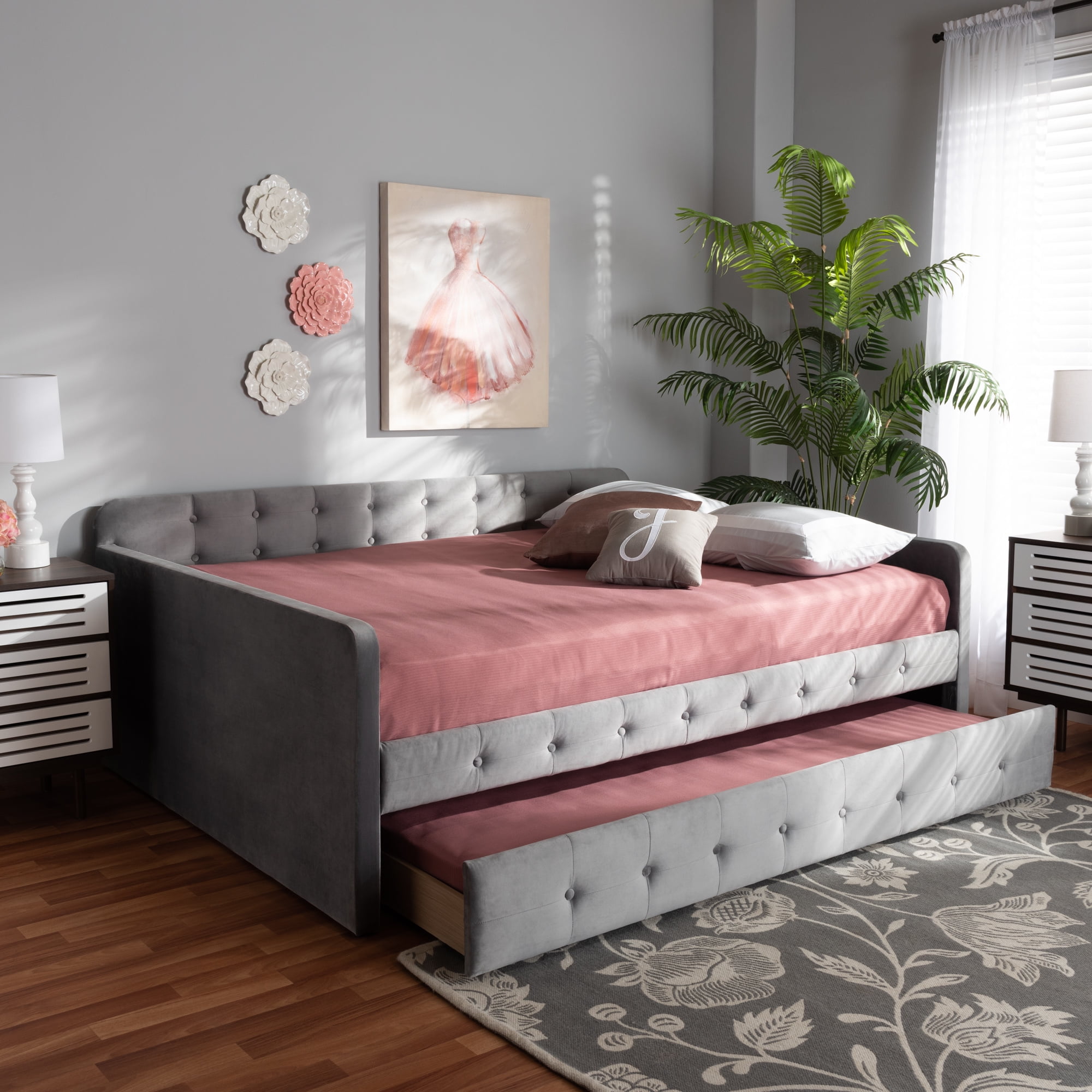 Baxton Studio Jona Modern Kids Daybed with Roll-out Trundle, Grey Velvet