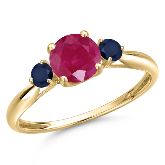Gem Stone King 10K Yellow Gold Red Ruby and Blue Sapphire 3-Stone Ring for Women | 1.30 Cttw | Round 6MM | Gemstone July Birthstone | Size 8