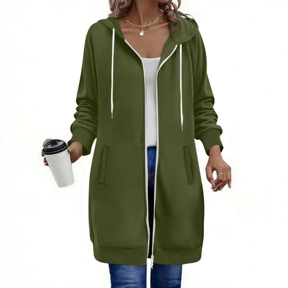 Yteetum Sweatshirts Hoodies for Women Drawstring Zip up Fleece Long Hoodie Jackets Outwear Womens Casual Solid Oversized Zipper Loose Fits Long Sleeve Long Length Pockets Hooded Sweatshirt Fall Coats