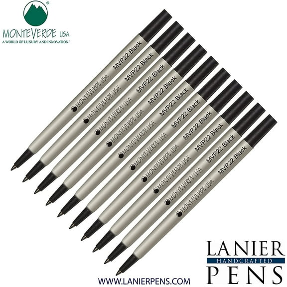 Lanier Combo Pack - 10 Pack - Monteverde Rollerball P22 Paste Ink Refill Compatible with most Parker Style Rollerball Pens - Black (Fine Tip 0.6mm)