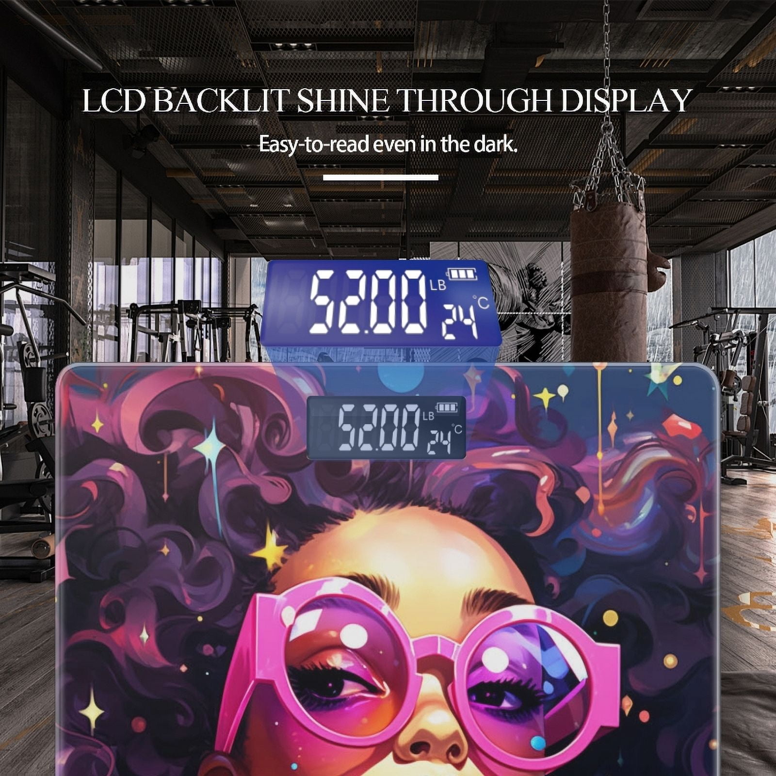High Precision Body Weight Scale Smart Bathroom Scales with Large LCD Display(400lbs),Decorative for Bedroom-Beautiful Black Woman With Curly Hair And Pink Glasses