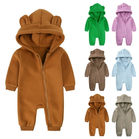THDHVS Newborn Boy Clothes,Baby Girl Outfits,Newborn Outfit with Fold-Over Mittens and Footies Girls Boys Fall Winter Clothes Hooded Romper Brown 6-9 Months