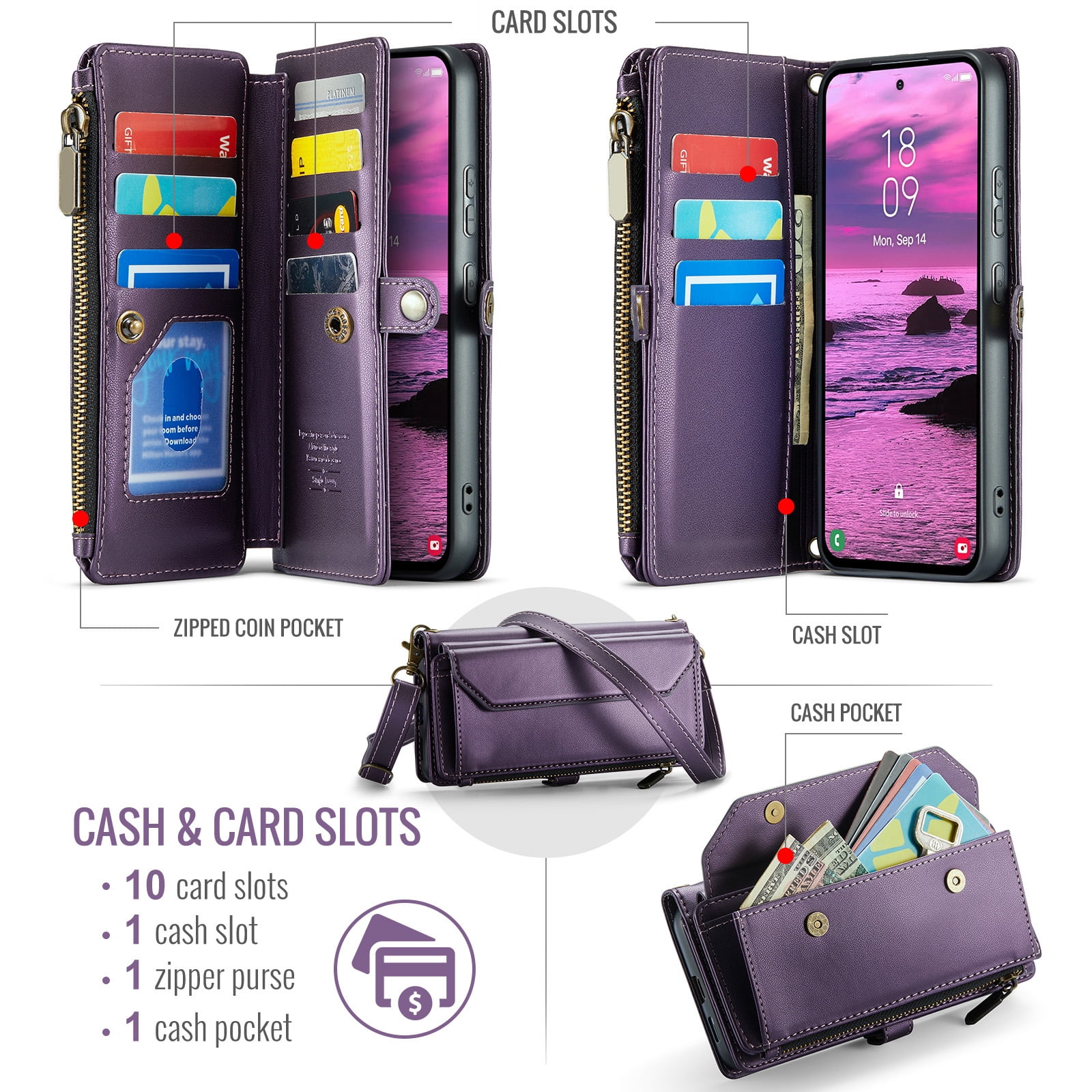 Compatible with Samsung Galaxy S25 Edge 5G Zipper Wallet Phone Case Tempered Glass Screen Protector Crossbody Lanyard Strap Flip Card Holder Slot Cell Cover for S25Edge 25S S 25 25Edge Women Purple