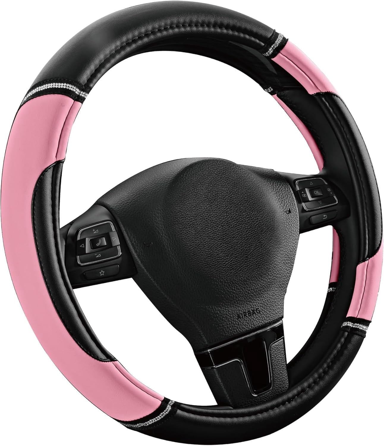 Leather Steering Wheel Cover - Made with PVC Leather - Anti-Slip, Universal Fit 14 1/2 inches to 15 inches - Pink