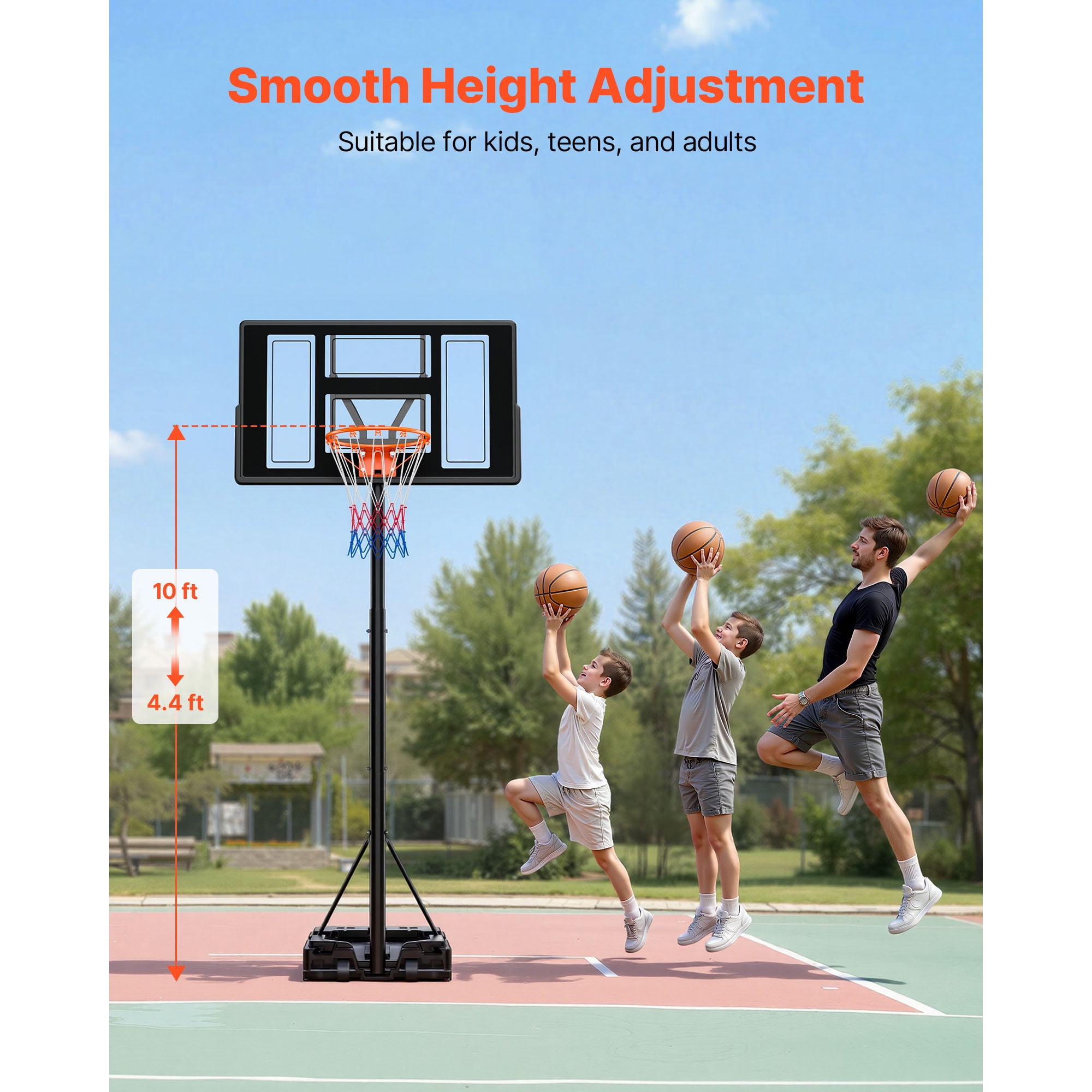 KFFKFF Portable Basketball Hoop System, Adjustable Height from 4.4 ft to 10 ft, Basketball Stand with Rolling Wheels for Driveways, Pools, Suitable for Kids, Teens, and Adults