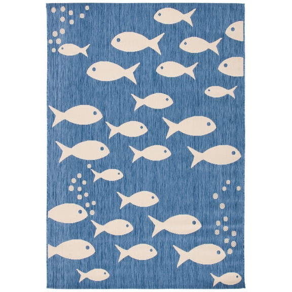 SAFAVIEH Courtyard Trena Fish Print Indoor/Outdoor Area Rug, 4' x 5'7", Blue/Beige
