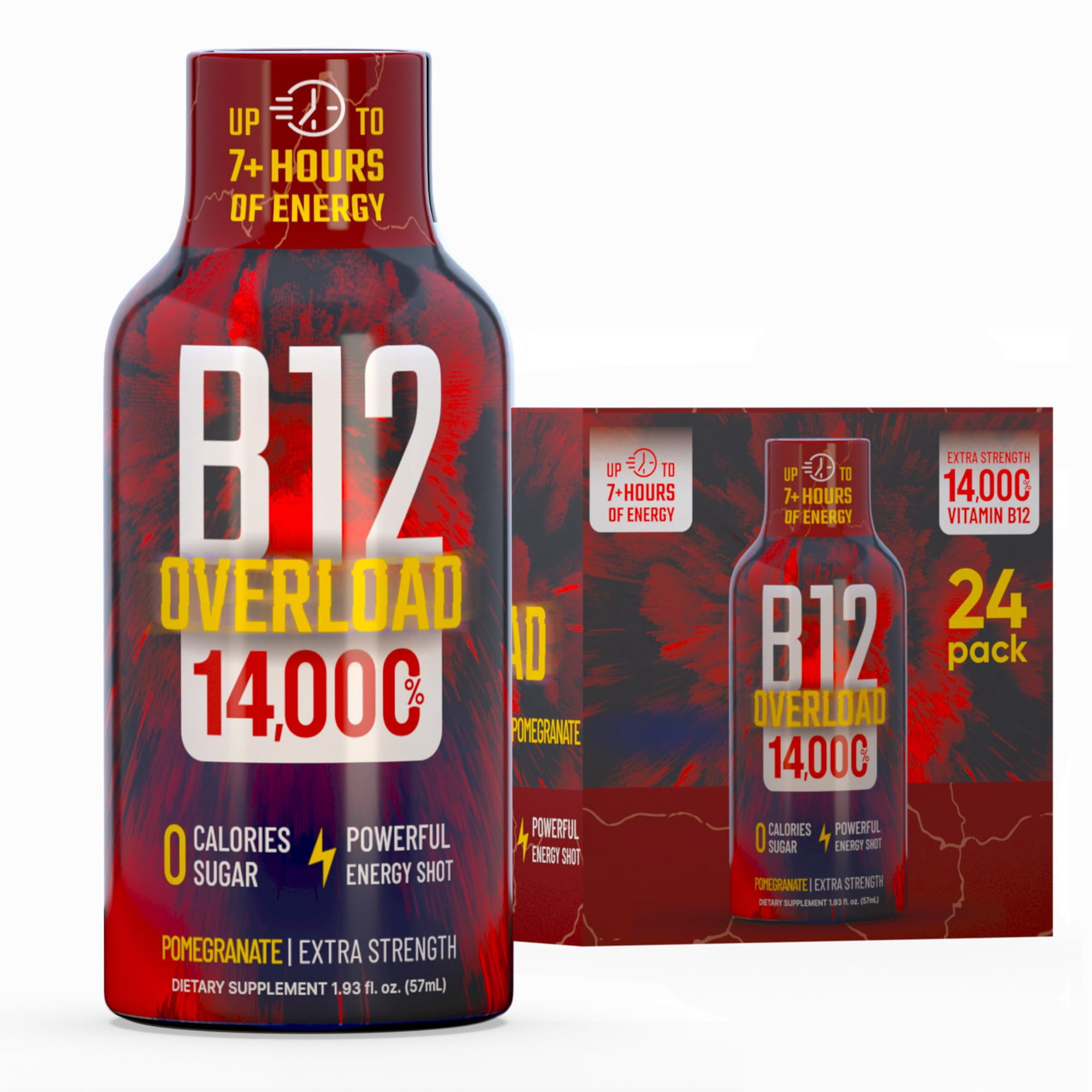 Vitamin Energy B12 Overload Extra Strength Shot, Pomegranate, 24 Pack – 260mg Natural Caffeine, 14,000% DV B12 & Electrolytes, Zero Sugar, 1.93 fl oz