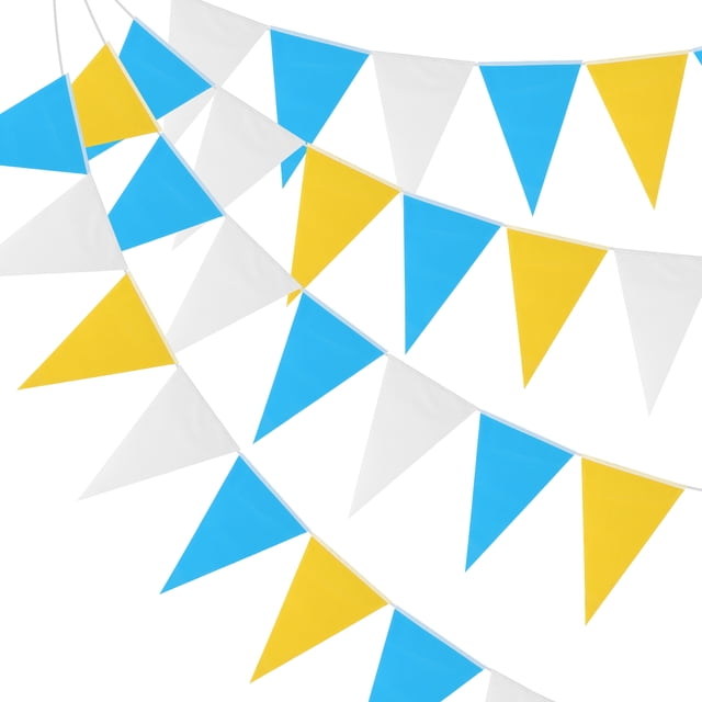 Banderas de banderines Uxcell de 100 pies, cuerdas colgantes de triángulo, banderas DIY para fiestas Amarillo Azul Blanco 60 Pcs