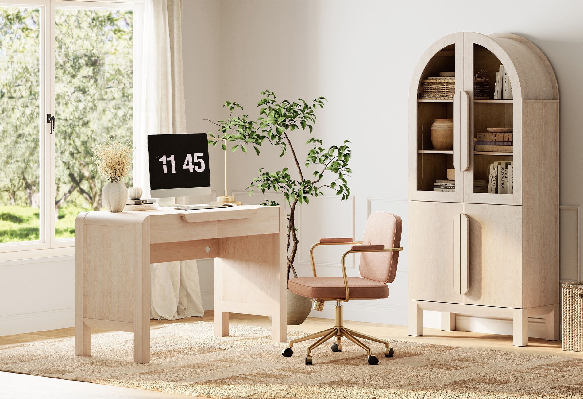 2 Piece Office Set, 47" Modern Executive Desk with Charging Station and Drawers & 71"H Tall 5-Tier Arched Bookcases with Glass Door for Living Room, Bedroom, Home Office