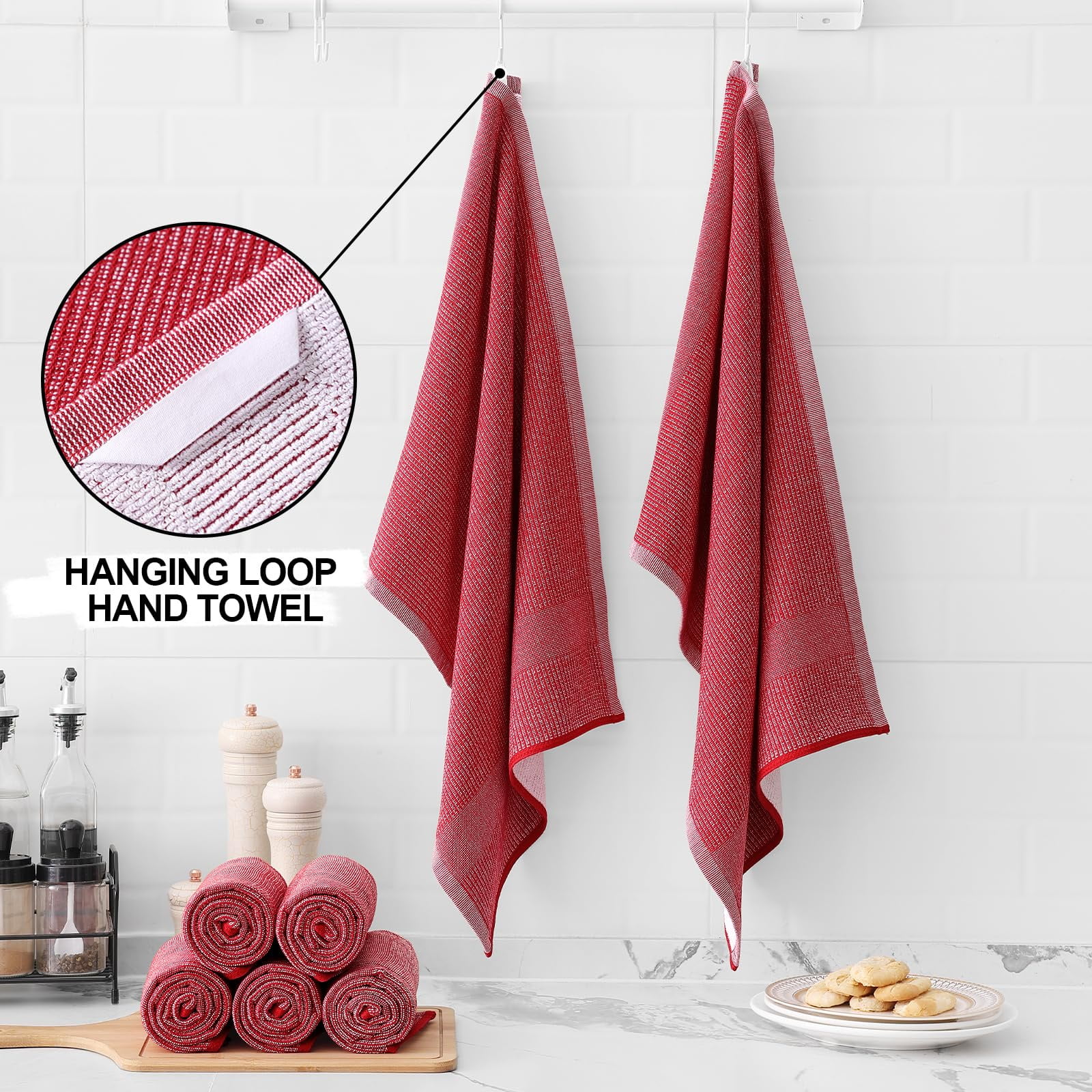 decorUhome Premium Kitchen Towels(18"x 28", 6 Pack), Large Cotton Kitchen Hand Towels, Red