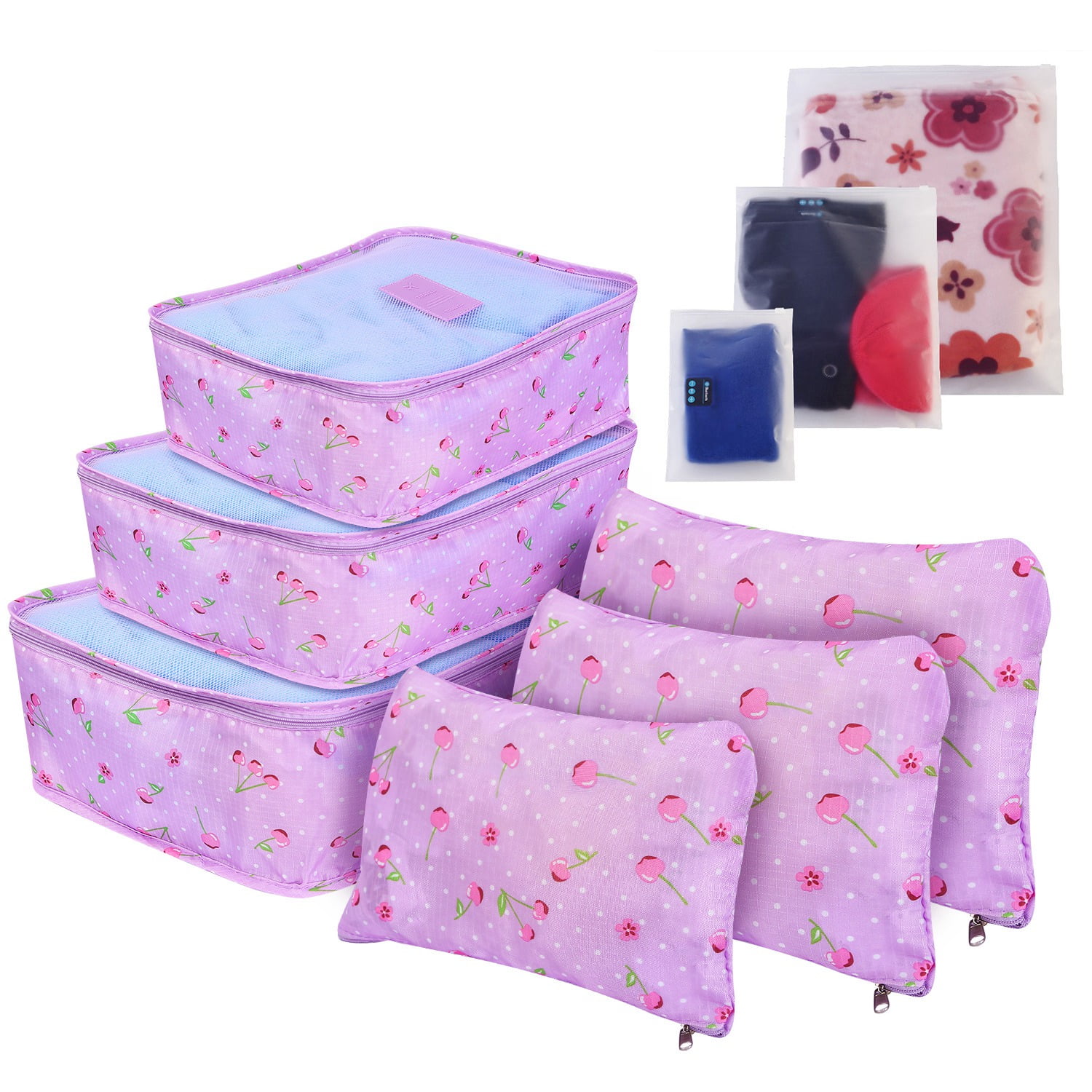 7 Set Packing Cubes Luggage Organizers Clothes Storage 3 Mesh Bags 3 Pouches 1 Toiletry Bag Blue Cherry 
