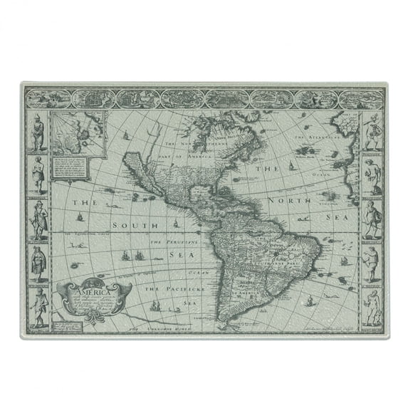 World Map Cutting Board, Antique Map America in 1600s World in Medieval Time Era in Retro Style, Decorative Tempered Glass Cutting and Serving Board, Small Size, Multicolor, by Ambesonne