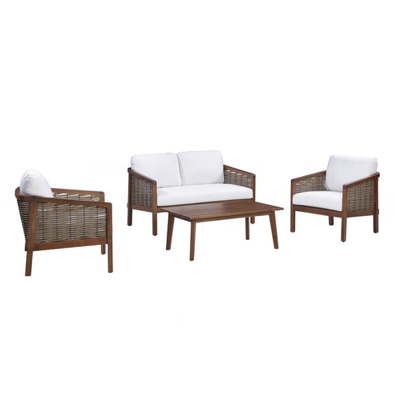 Teamson Home 4-Piece Outdoor Patio Acacia Wood Frame Conversation Set with Cushions & Coffee Table, Brown