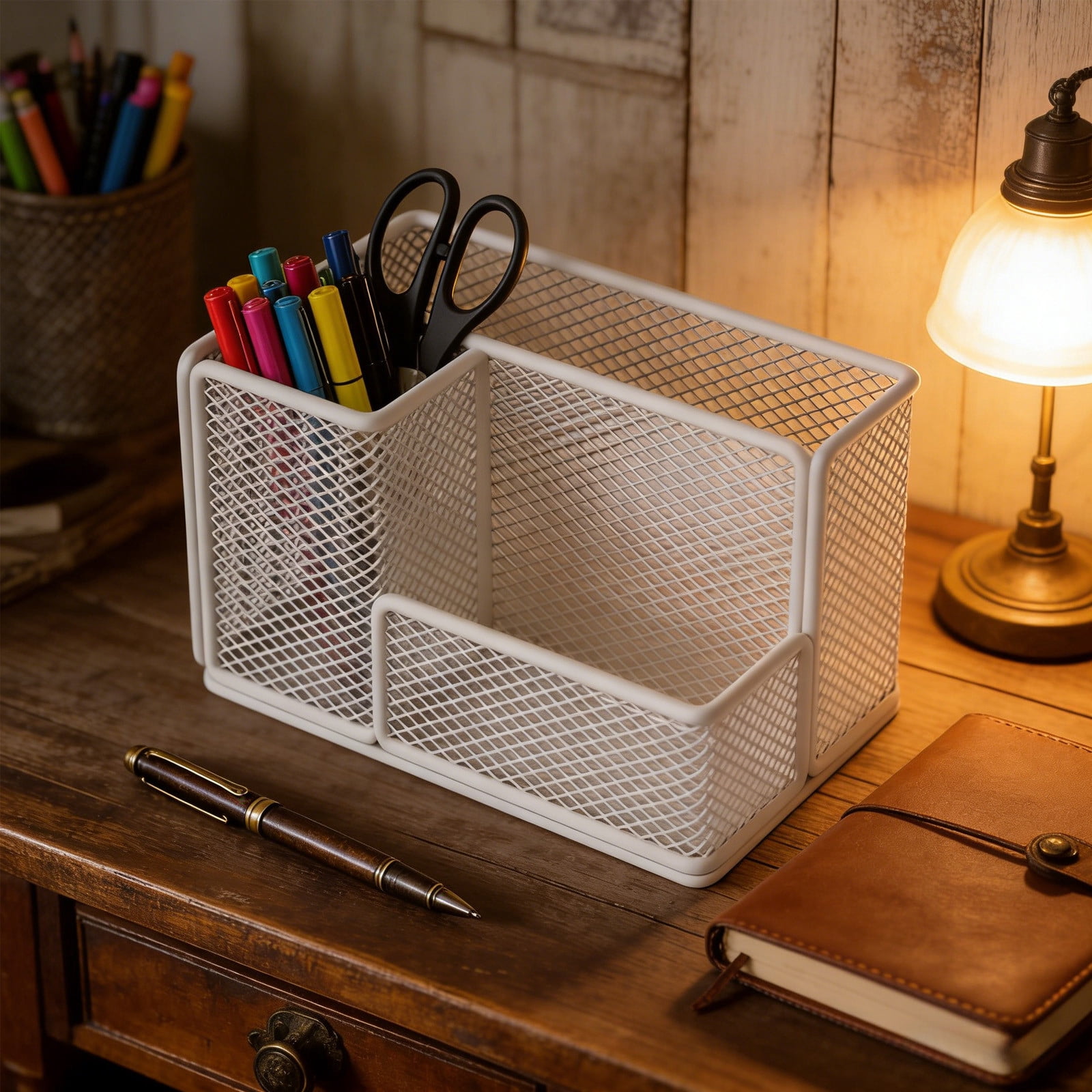 Mesh Pen Pencil Holder Desk Organizer, 3 Compartment Wire Desktop Pen Pencil Cup Caddy Office Supplies Desk Accessories for Home Office, White