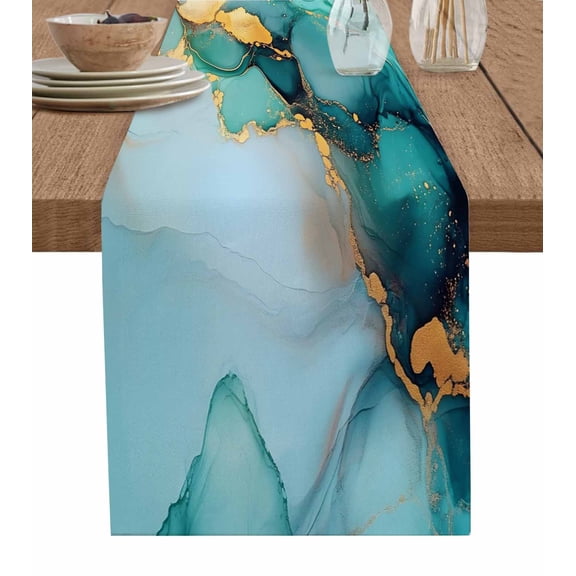 Table Runner Dresser Scarf 13 x 36 Inch Turquoise Gold Marble Abstract Gradient Texture Modern Style Table Runners Non-Slip Heat Resistant Kitchen Dining Table Decor for Indoor Outdoor