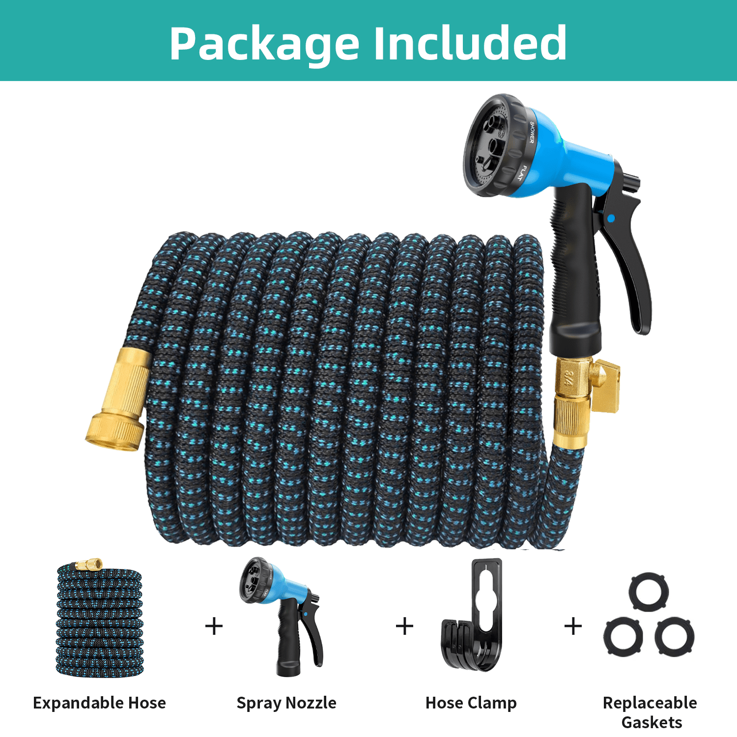 SUNDAN Expandable Garden Hose 50ft No Kink Flexible Water Hoses for Outdoor with 8-Pattern Spray Nozzle(Black/Blue)