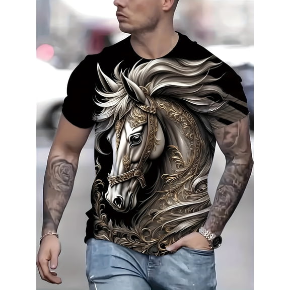 Men's Casual Short Sleeve T-Shirt, 3D Majestic Horse Print, Round Neck, Street Fashion T-Shirt, Breathable, Summer Top