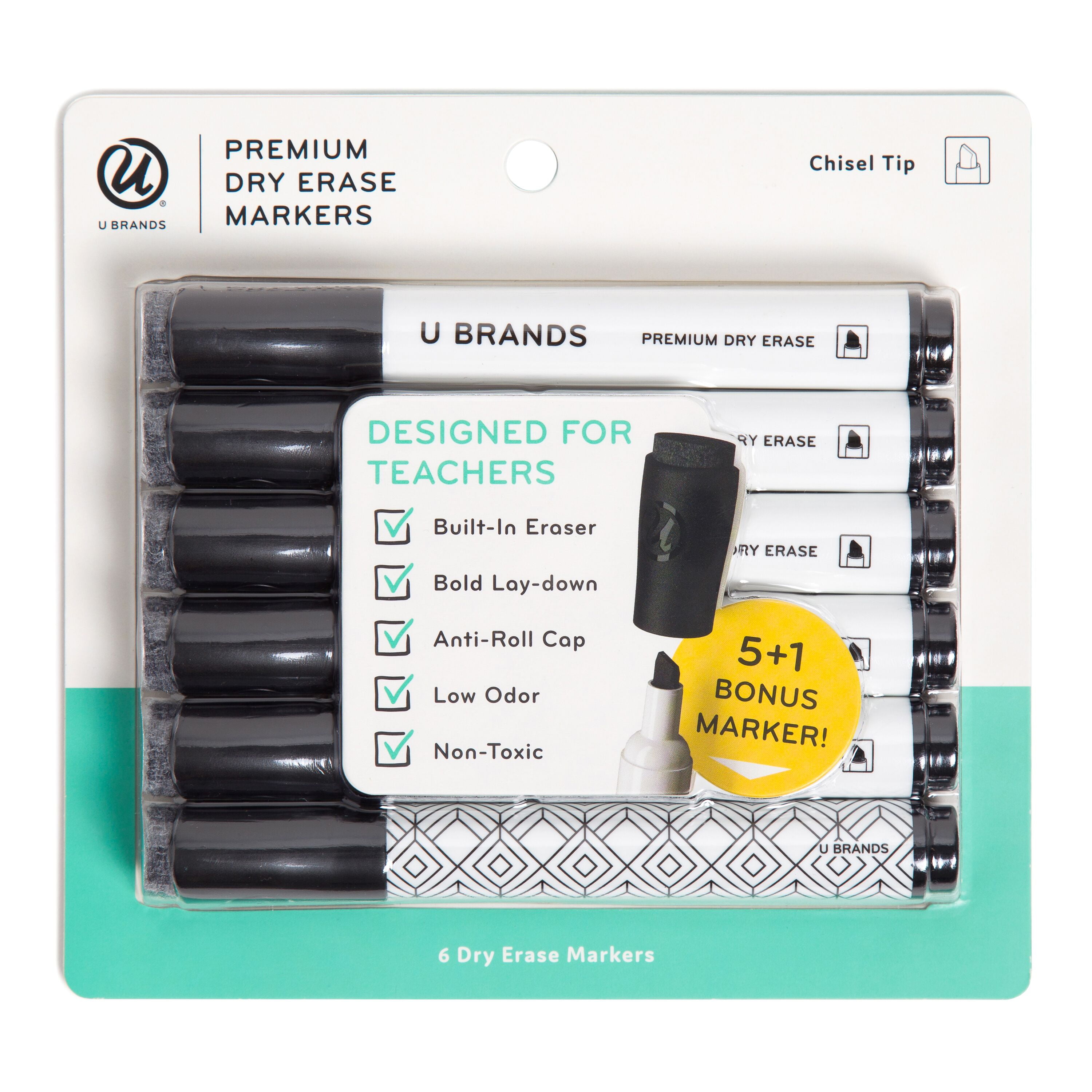 U Brands Chisel Dry Erase Markers, 6 Count, Black Ink, Built in Eraser