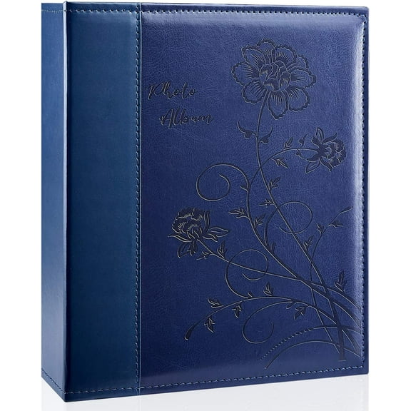 Photo Album 8x10 Clear Pages Pockets Leathe Cover Slip Slide in Photo Album Holds 50 Vertical 8x10 Photos Picture Book for Wedding Family (Blue)