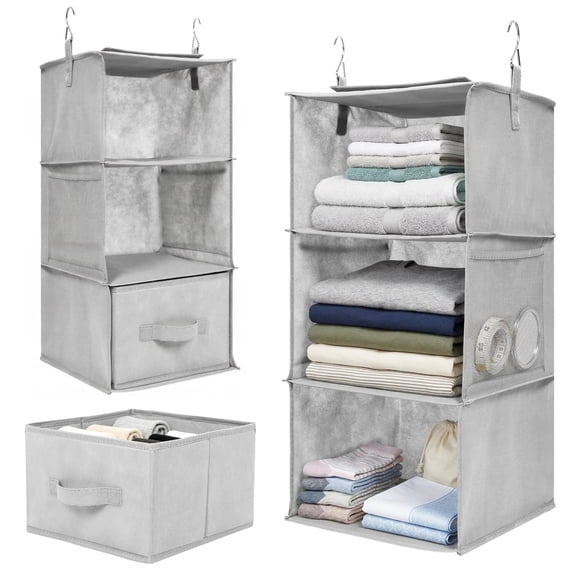 Hanging Closet Organizer with Drawers, 3-Tier Fabric Hanging Shelves Storage System for Clothes, Sweaters & Socks, Closet Organizers and Storage, 2-Pack