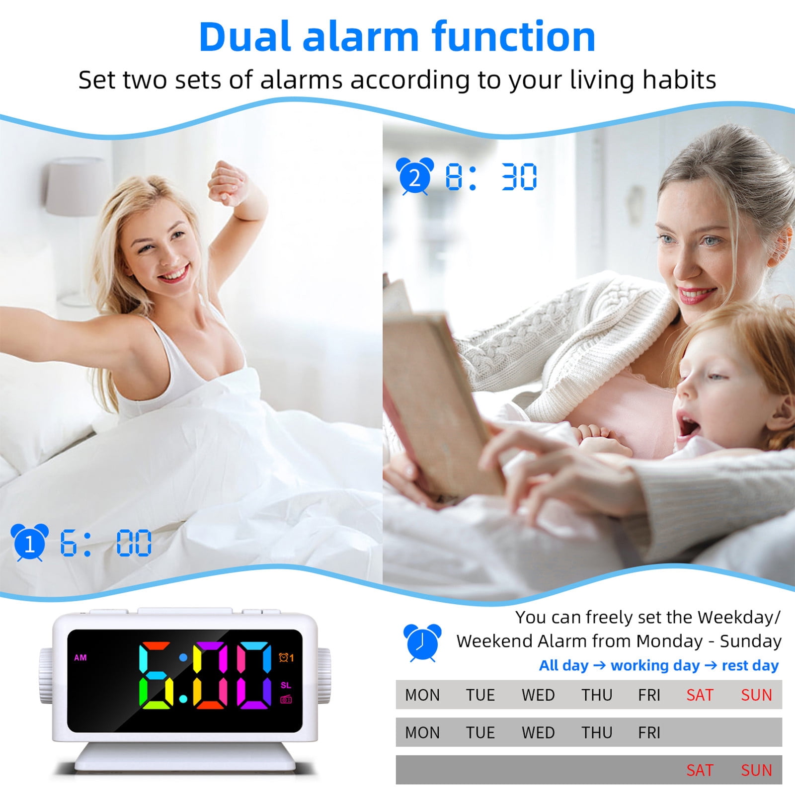 SINIMOKO Perpetual Calendar FM Radio Alarm Clock RGB Colorful Mirror Large Screen Display Electronic Clock Suitable For Giving Holiday Gifts,Father's Day Gifts for Brother