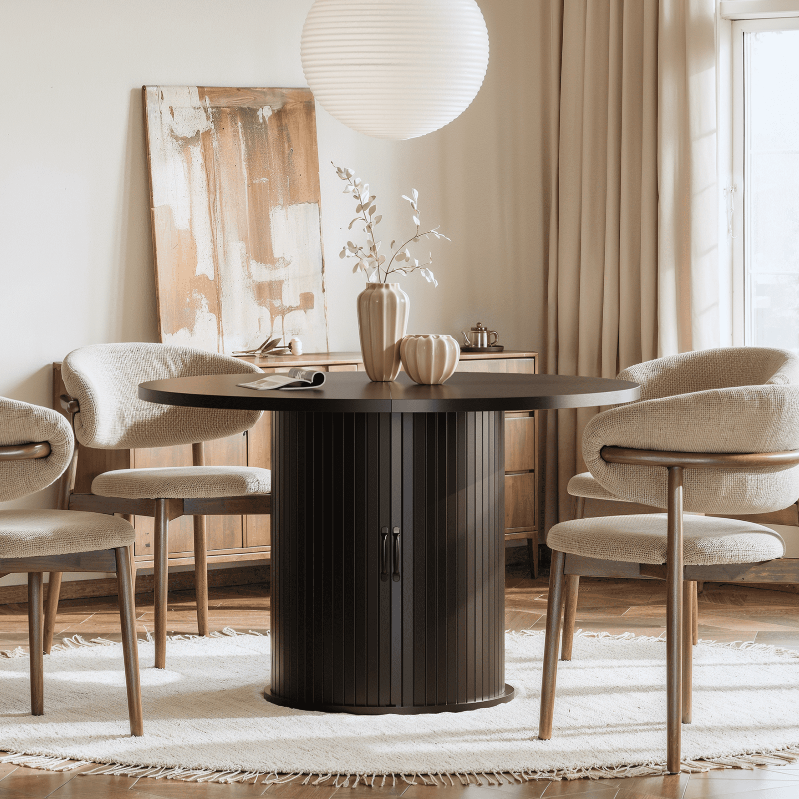 BaPiPro 47" Large Round Dining Table for 4 Person, Modern Farmhouse Kitchen Table with Hidden Storage for Dining Room, Black