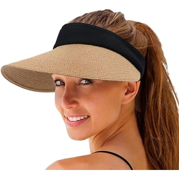 Sun Hat, Visor Hats for Women, 4.7'' Extra Large Bill Foldable Beach Hat Can Deeply Shade Your Ears Eyes Chins and Neck is the Best-Match Summer Accessory, Khaki