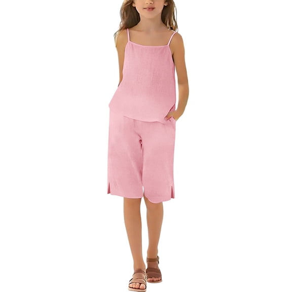 OGLCCG Girls Two Piece Outfits Summer Comfy Travel Beach Vacation Set Cotton Linen Tank Top and Bermuda Shorts with Pockets 3-14 Years