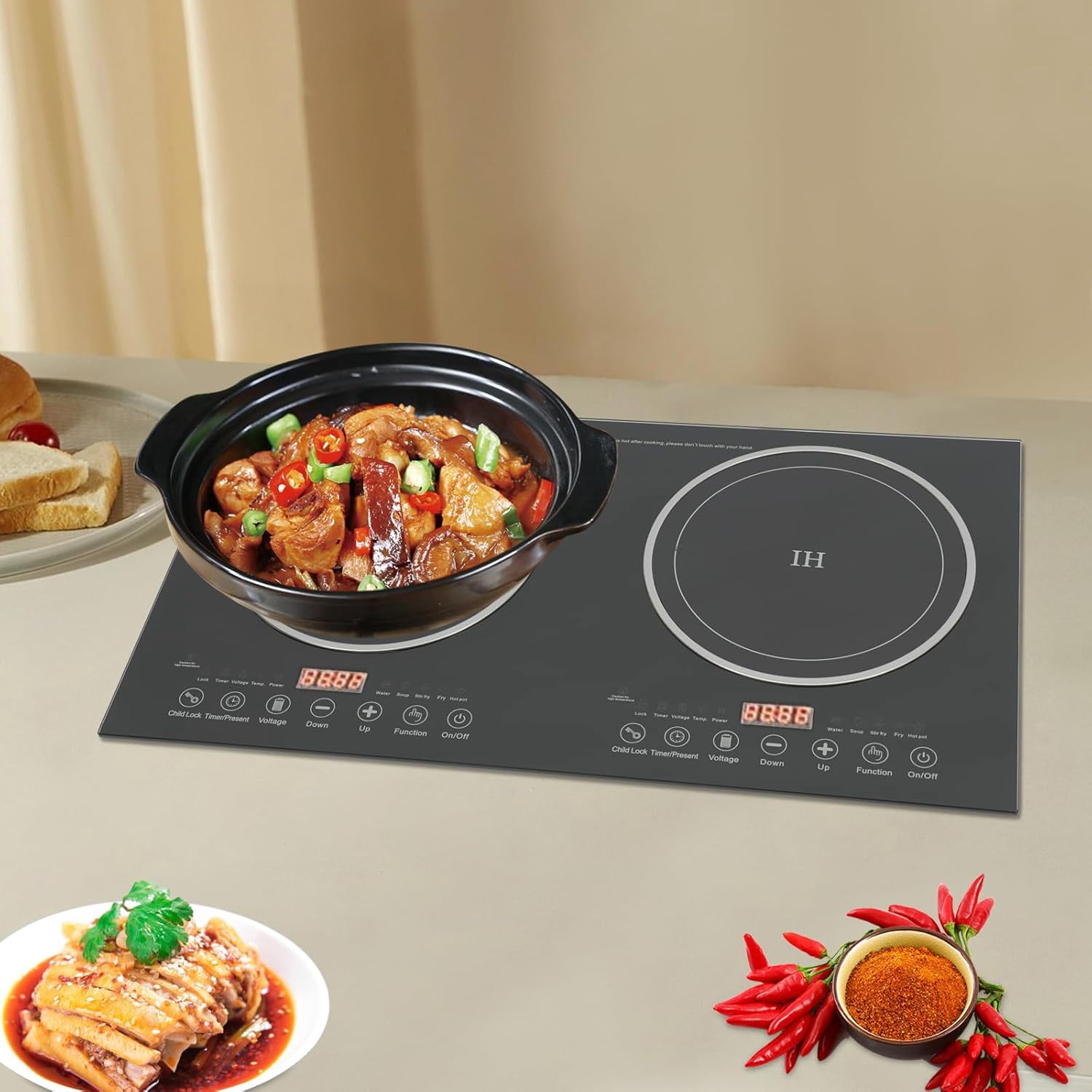 2400W Electric Stove Portable Countertop Induction Cook Top Double,Electric Hot Plate Dual Control Infrared Cook Top for Flat-Bottomed Magnetic Pans/Containers