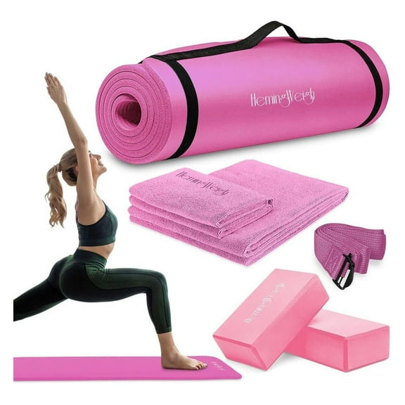 Thick Yoga Mat Set for Home Workouts, 1/2 Inch Thick Non Slip Mat with Yoga Foam Blocks, Strap, 2 Microfiber Towels, Beginner Friendly Pink