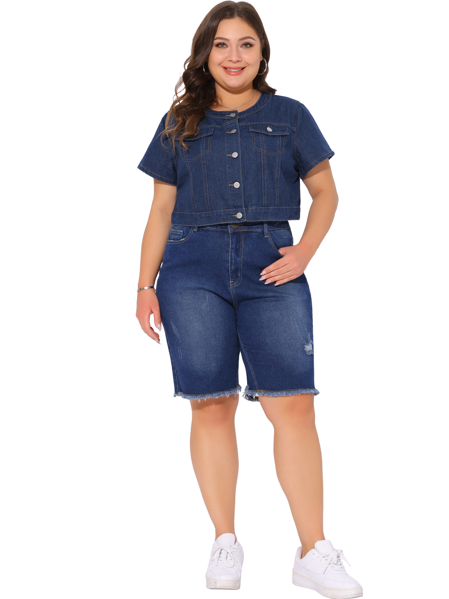 DARING DIVA Women's Plus Size Crew Neck Button Down Cropped Denim Vest 3X Dark Blue