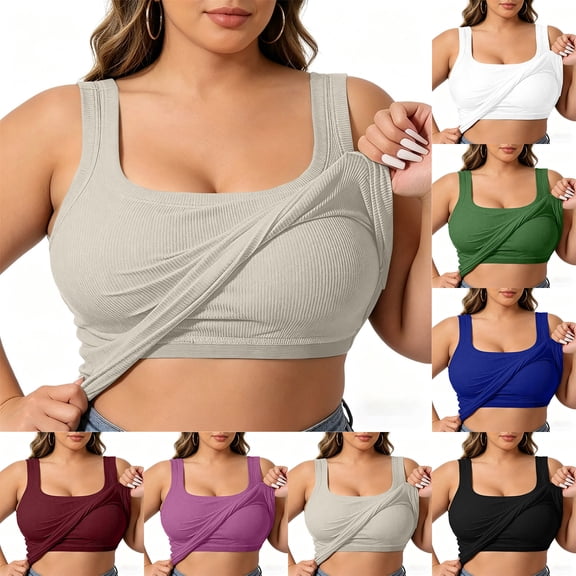 TARIENDY Plus Size Tank Tops for Women with Padded Lined U Neck Ribbed Basic Tanks Wide Straps Sleeveless Shirts with Built in Bra Blue XXXL