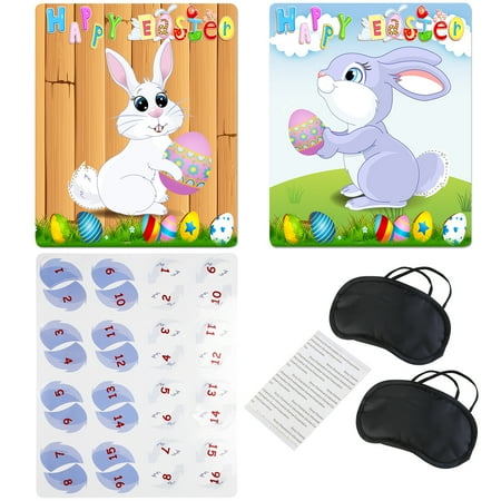 Pin The Tail On The Bunny - BESTOYARD Happy Easter Pin the Tail on the Bunny Game with 2pcs Bunny Poster & 2-type Tail & 2pcs Eye Patch & 8pcs Sticker