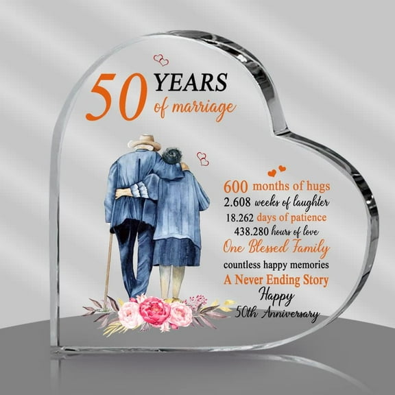 50th Years of Marriage Gifts Acrylic Heart Plaque Keepsake, Transparent Crystal Desk Decor Acrylic Plaque Peony Flower Sign Decor for Wedding Gifts (3.9"/10cm)